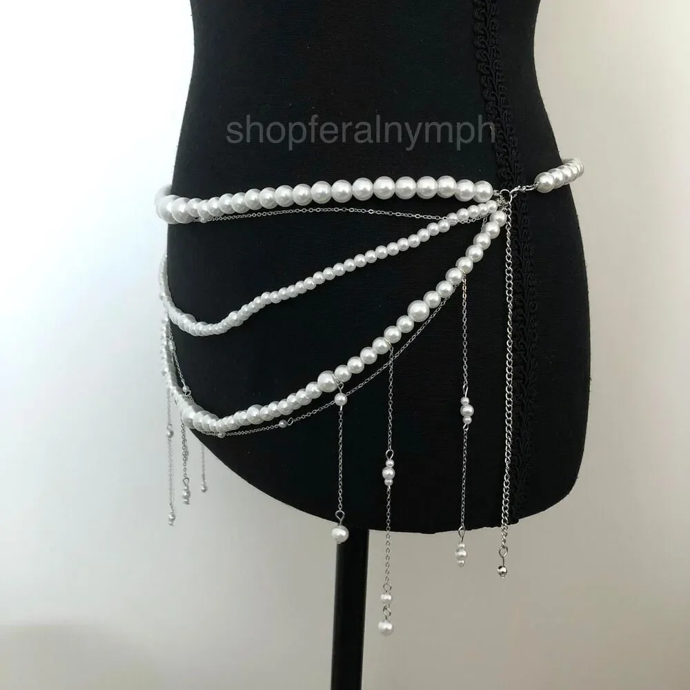 Y2K Coquette White Faux Pearl Layered Draped Chain Belt, 31.5 Inches, X7GA1139